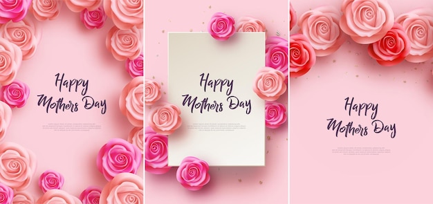 Mothers day design set with illustration of paper and beautiful pink rose flowers Premium design for poster banner greeting and celebration