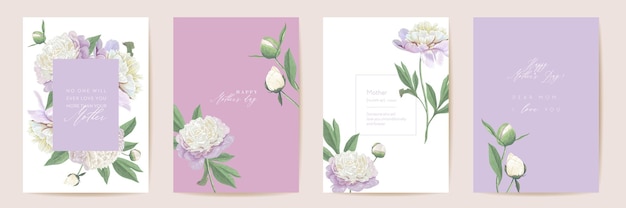 Mothers day floral vector card. Greeting peony flowers template design. Watercolor minimal postcard set. Spring flower invite typography frame. Woman modern brochure