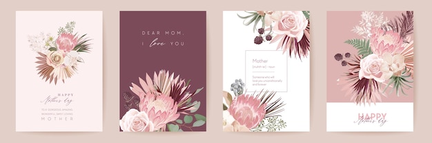 Mothers day floral vector card. Greeting protea flowers, palm leaves template design. Watercolor minimal postcard set. Pampas grass frame. Spring flower invite typography. Woman modern brochure