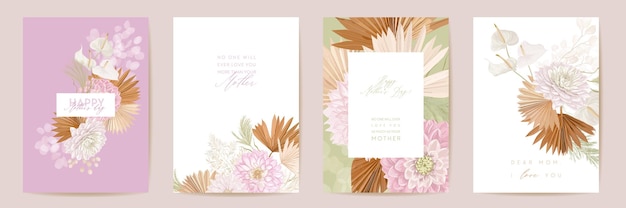 Mothers day floral vector card. Greeting tropical flowers, palm leaves template design. Watercolor minimal postcard set. Dry pampas grass frame. Spring flower invite typography. Woman day brochure