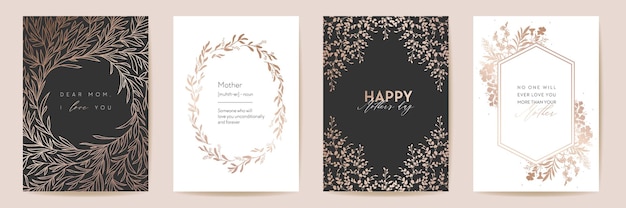 Mothers day golden luxury greeting set. Vector floral foliage design for Mother party, woman spring card. Modern poster, Mom banner postcard, Gold line contour template, Nature curve flyer