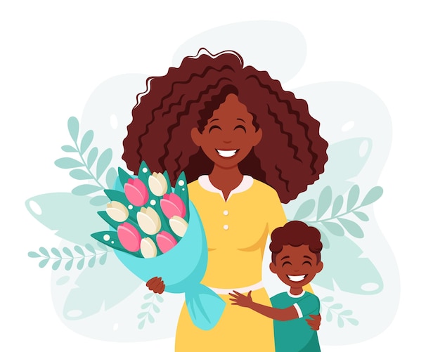 Mothers day greeting card Black woman with bouquet of flowers and son