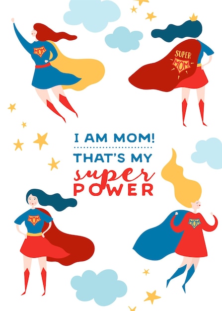 Mothers Day Greeting Card with Super Mom. Superhero Mother Character in Red Cape Design for Mother Day Poster, Banner. Vector flat cartoon illustration