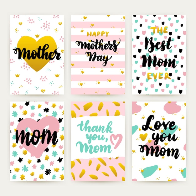 Mothers Day Hipster Trendy Posters. Vector Illustration of 80s Style Pattern Design with Handwritten Lettering.