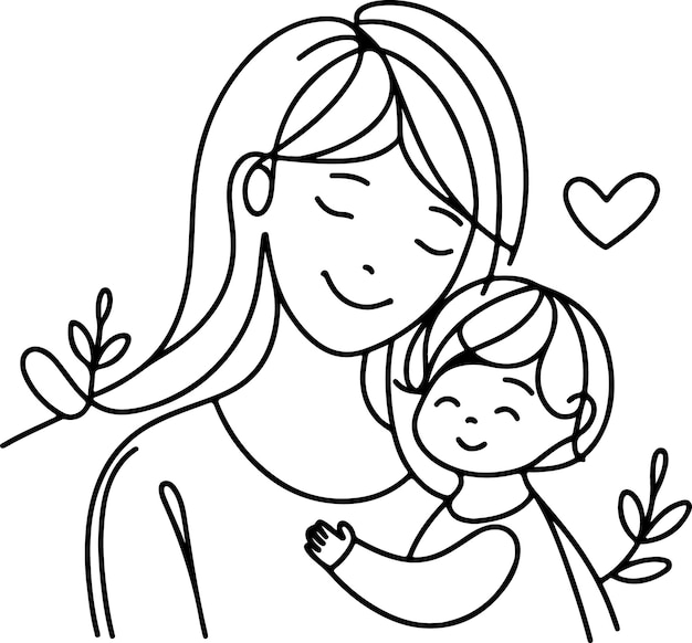 Mothers Day lineart vector Single line drawing Woman hold her baby Vector illustration