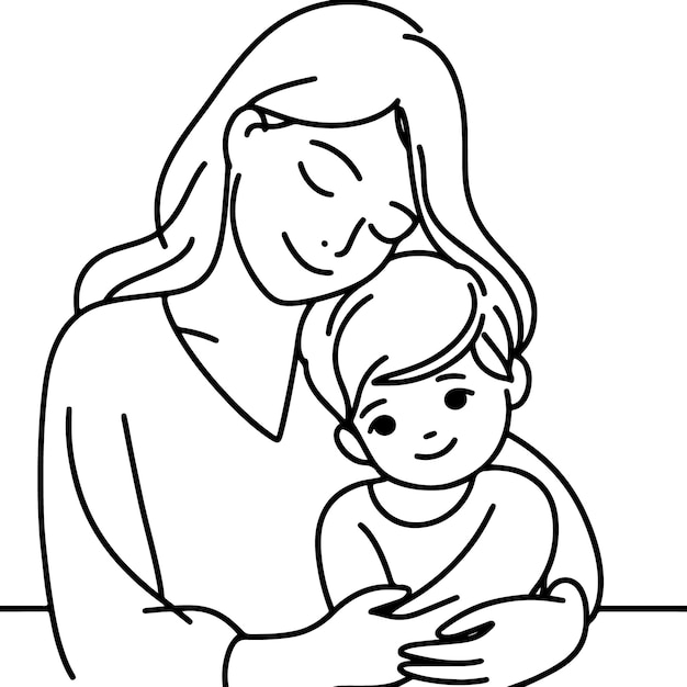 Mothers Day lineart vector Single line drawing Woman hold her baby Vector illustration