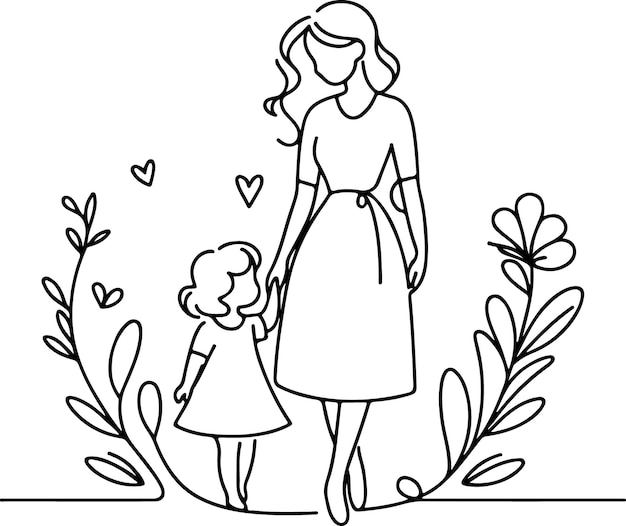 Mothers Day lineart vector Single line drawing Woman hold her baby Vector illustration