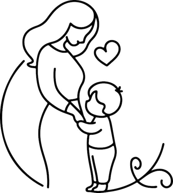 Mothers Day lineart vector Single line drawing Woman hold her baby Vector illustration