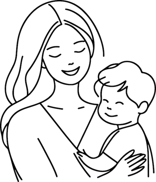 Mothers Day lineart vector Single line drawing Woman hold her baby Vector illustration