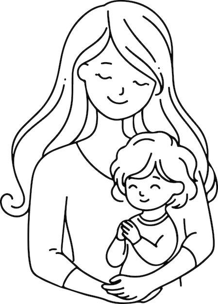 Mothers Day lineart vector Single line drawing Woman hold her baby Vector illustration