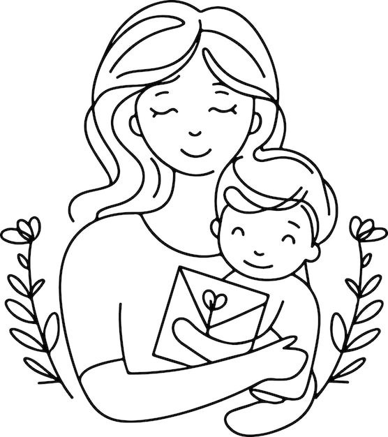 Mothers Day lineart vector Single line drawing Woman hold her baby Vector illustration