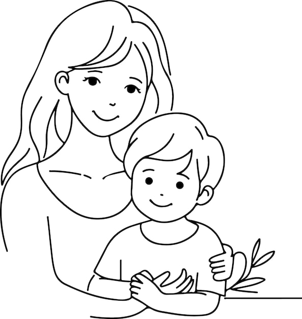 Mothers Day lineart vector Single line drawing Woman hold her baby Vector illustration