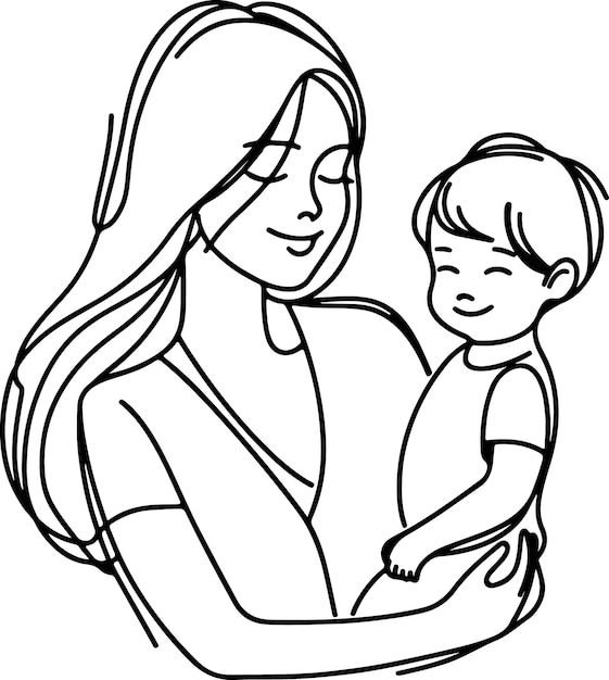 Mothers Day lineart vector Single line drawing Woman hold her baby Vector illustration