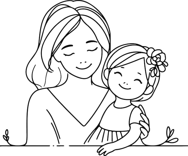 Mothers Day lineart vector Single line drawing Woman hold her baby Vector illustration