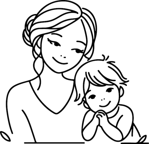 Mothers Day lineart vector Single line drawing Woman hold her baby Vector illustration