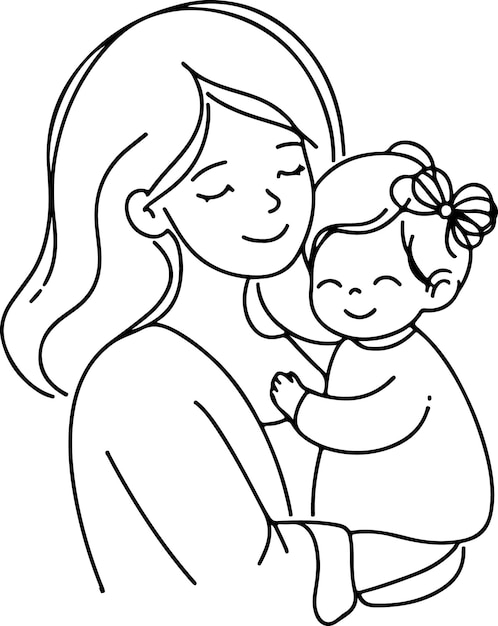 Mothers Day lineart vector Single line drawing Woman hold her baby Vector illustration