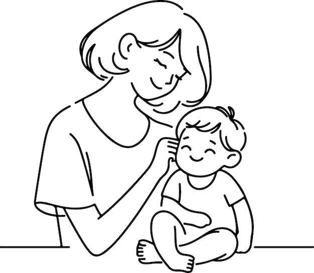 Mothers Day lineart vector Single line drawing Woman hold her baby Vector illustration