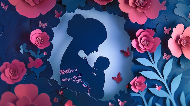 Mothers day papercut mother and kid with flower background International Mothers Day