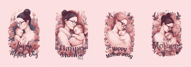 Mothers day poster Vector mother holding baby in soft pink color and surrounded by beautiful flowers Premium water color style vector design