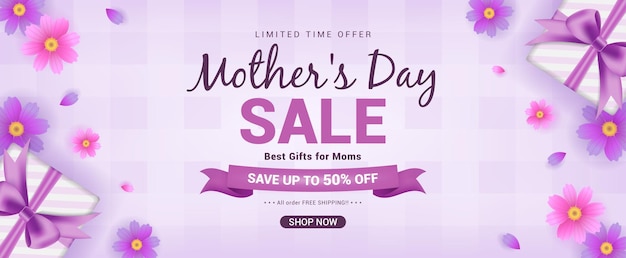 Mothers Day Sale Banner Cosmos flower with gift box on violet background