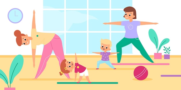 Mothers yoga with kids Moms and children group fitness class joint spot activity girl and boy in sports room stretching and balance meditation position and asana Vector healthy lifestyle set