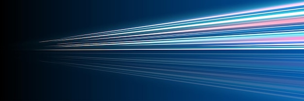 Vector motion luminous linear trails horizontal banner high speed blue and pink glowing rays abstract long