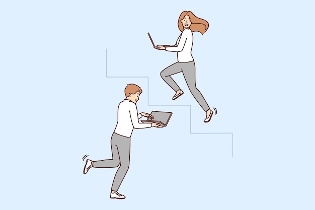 Motivated employees with laptops running upstairs