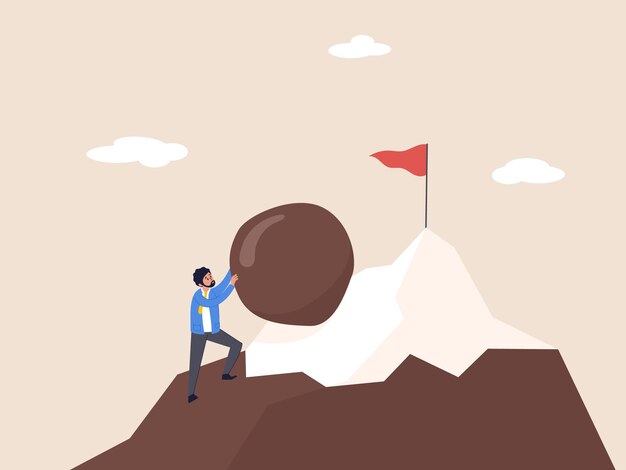 Vector motivation concept hard work like pushing boulder uphill burden or obstacle business difficulty