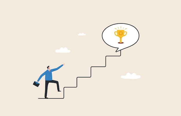 Motivation to drive success from business achievement or reward encourages employees to develop and succeed Businessman running on the stairs to catch the winner trophy