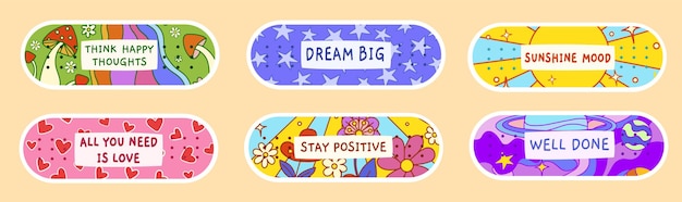 Motivational groovy stickers, vector band aids set in retro style