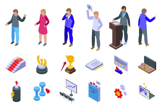 Motivational speaker icons set isometric vector. Human seminar