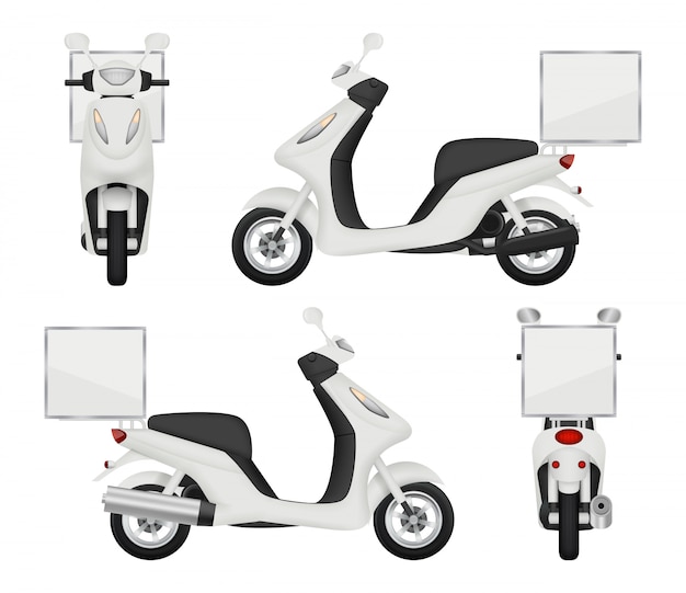 Moto bike realistic. Views of scooter for delivery service auto top side back 3d transport isolated