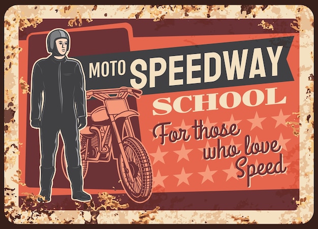 Moto speedway racer rusty metal plate vector card