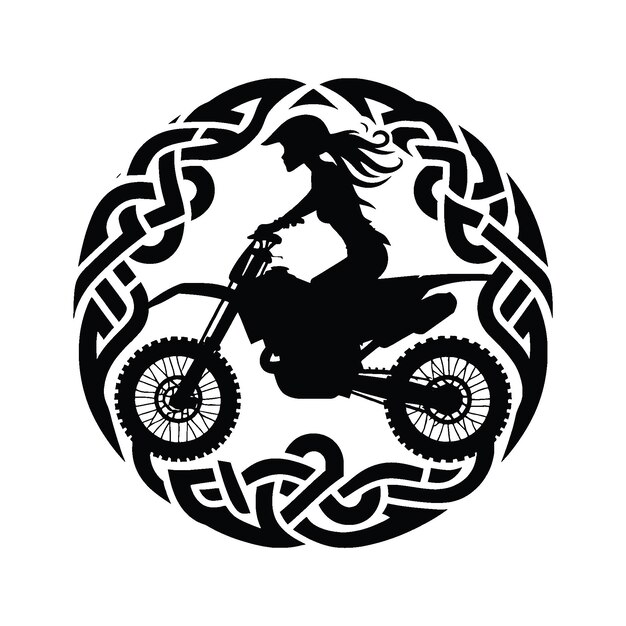 Vector motocross female player in celtic knot pattern illustration emblem shield badge