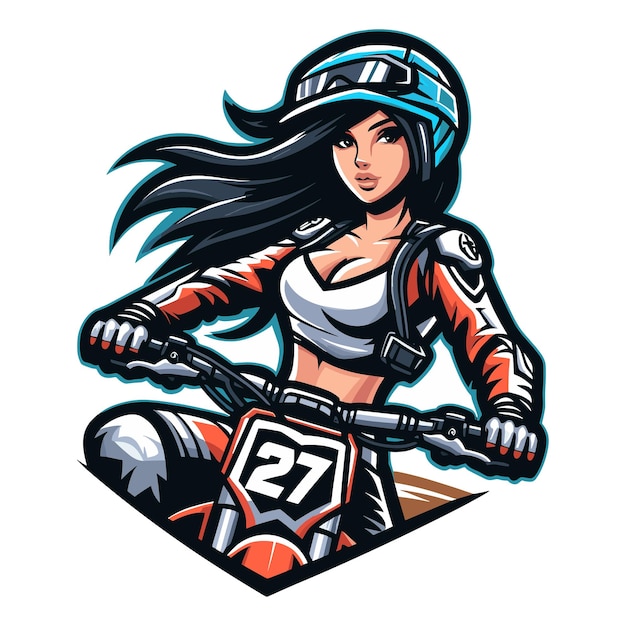 Motocross girl mascot modern logo or tshirt design vector illustration on white background