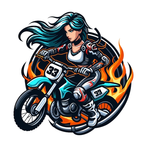 Motocross girl mascot modern logo or tshirt design vector illustration on white background