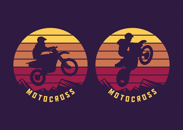 Motocross jump silhouette with sunset retro illustration