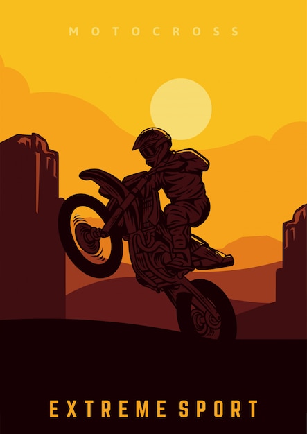 Motocross poster design template with silhouette and sun vector illustration