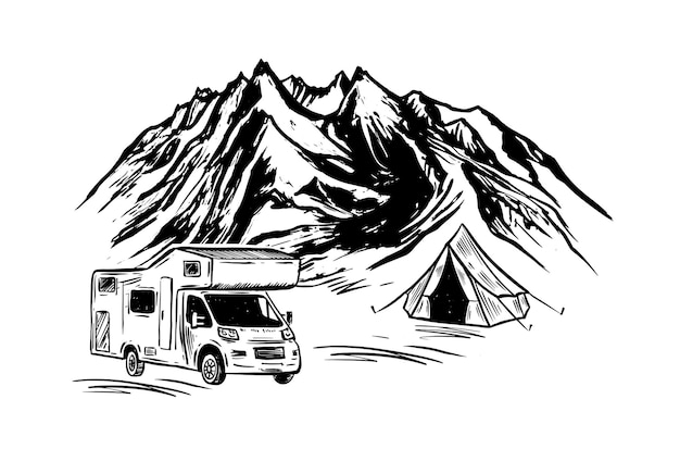 Motor home Mountain landscape Camping in nature hand drawn style vector illustrations