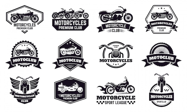 Motorbike badges. Retro motorcycle bike club emblems, racing and motorbike custom stamp, motorcycle rider emblems  illustration icons set. Motorcycle racer badge, motorbike league