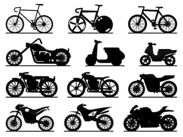 Motorbike black silhouette set. Motorcycles and scooters, bikes and choppers. Speed race and delivery retro and modern vehicles travel and sport flat vector motor transport detail pictogram collection