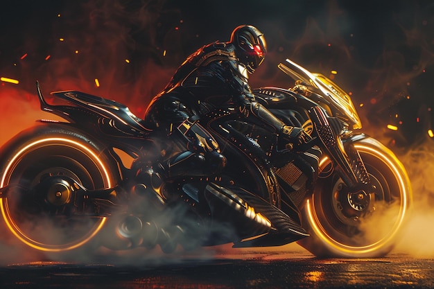 Vector motorcycle biker riding motorcycle on an empty road at the night fire and energy futuristic high