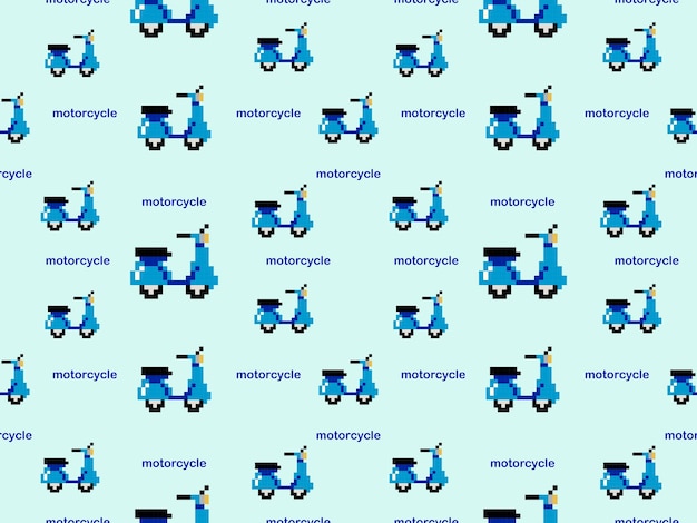 Motorcycle cartoon character seamless pattern on blue backgroundPixel style