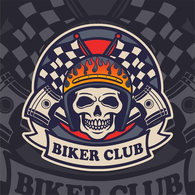 Vector motorcycle club skull vintage badge logo. skull with helmet and piston label design