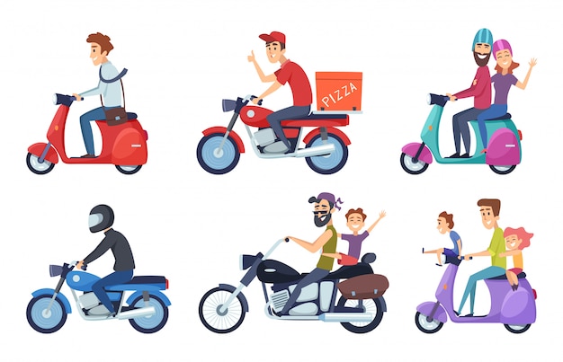 Motorcycle driving. Man rides with woman and kids postal food pizza deliver vector characters cartoon