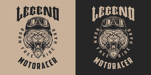 Motorcycle legend vintage monochrome label with ferocious tiger head in biker helmet and goggles