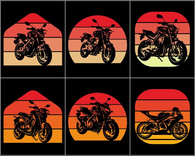 Motorcycle silhouette in the style of vector black monochrome motorcycle retro vintage sunset bundle