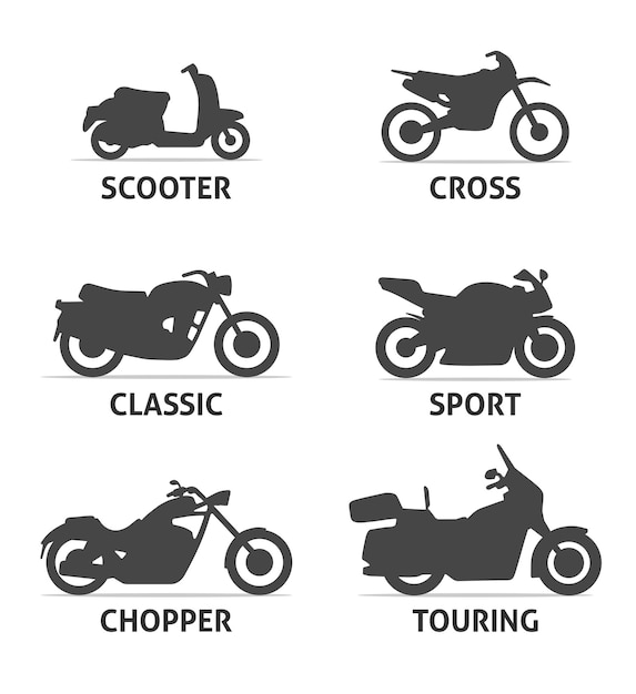 Motorcycle Type and Model icons Set. Vector black illustration isolated on white background with shadow. Variants for web.