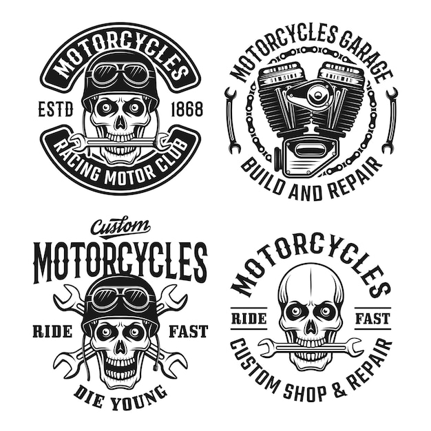 Motorcycles set emblems, labels, badges or logos with skull in vintage style