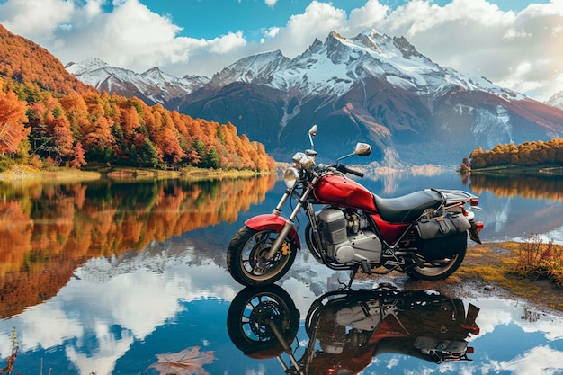 Vector motorcyclists couple stand on beach with touring notorcycle lake and alpine mountains on background